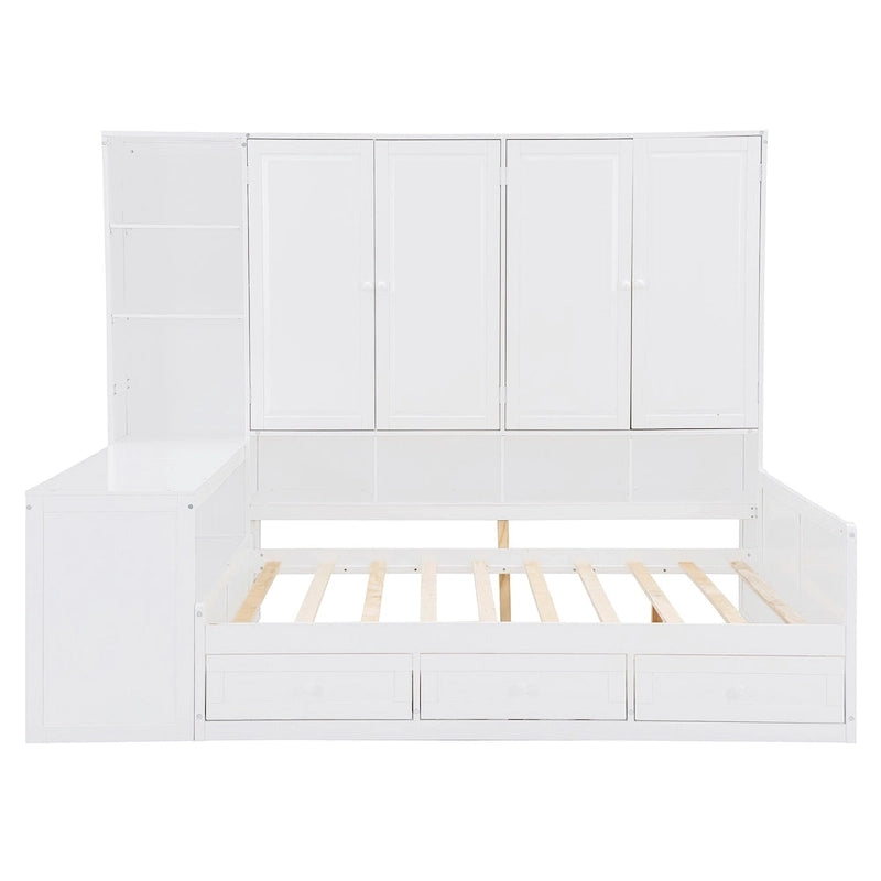 Lit de repos en bois avec étagère intégrée, lit capitaine avec armoire de rangement, penderie, bureau latéral et 3 tiroirs inférieurs