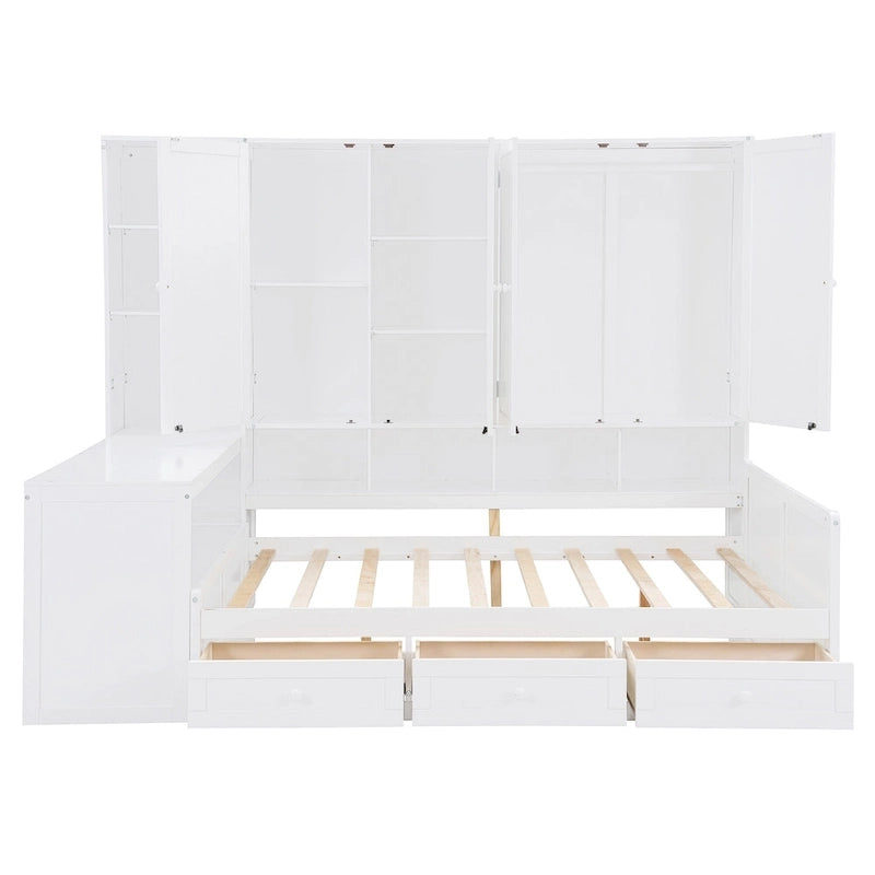 Lit de repos en bois avec étagère intégrée, lit capitaine avec armoire de rangement, penderie, bureau latéral et 3 tiroirs inférieurs
