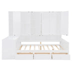 Lit de repos en bois avec étagère intégrée, lit capitaine avec armoire de rangement, penderie, bureau latéral et 3 tiroirs inférieurs