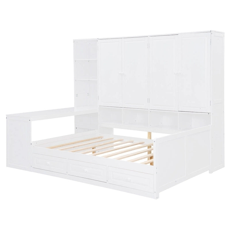 Lit de repos en bois avec étagère intégrée, lit capitaine avec armoire de rangement, penderie, bureau latéral et 3 tiroirs inférieurs