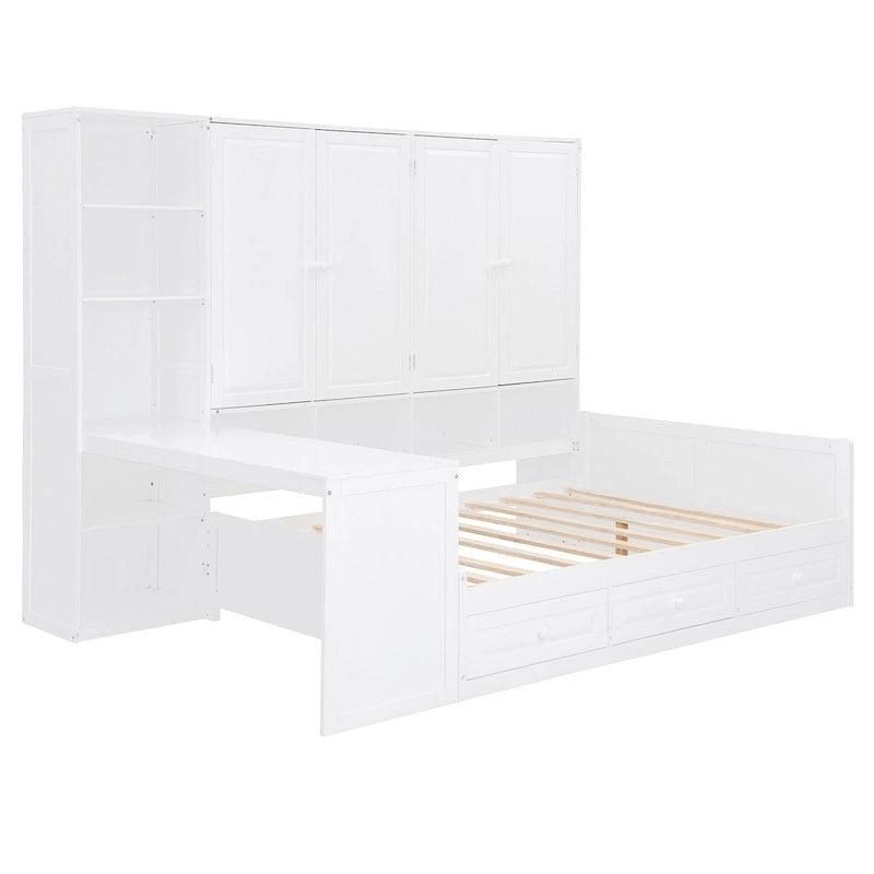 Lit de repos en bois avec étagère intégrée, lit capitaine avec armoire de rangement, penderie, bureau latéral et 3 tiroirs inférieurs