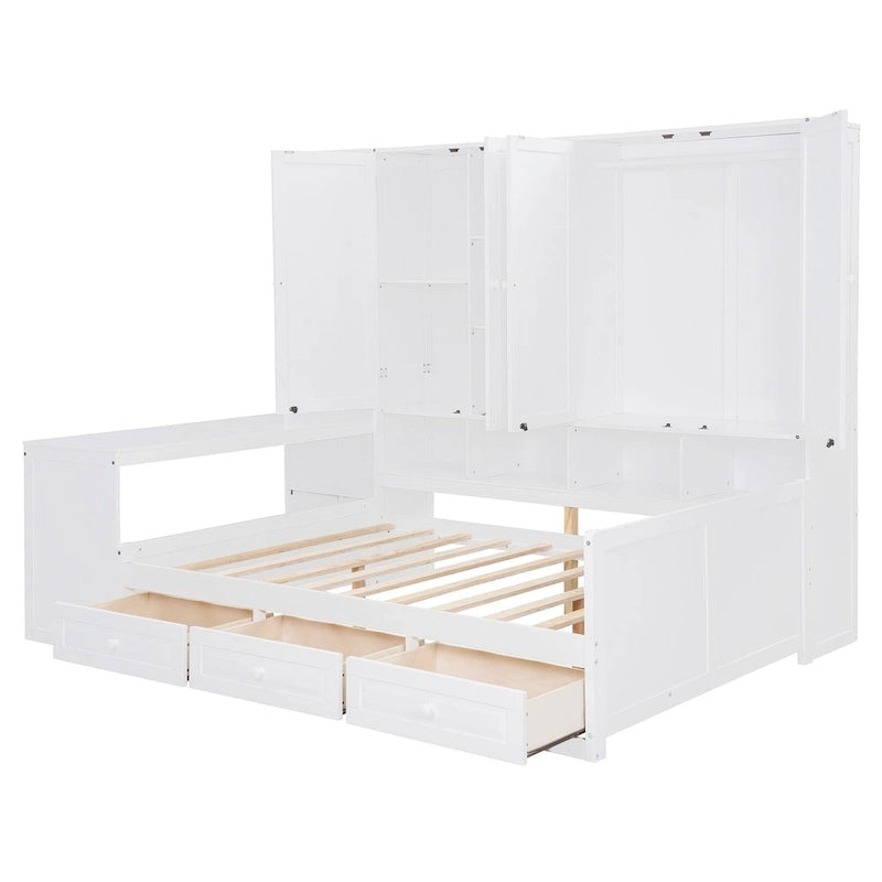 Lit de repos en bois avec étagère intégrée, lit capitaine avec armoire de rangement, penderie, bureau latéral et 3 tiroirs inférieurs