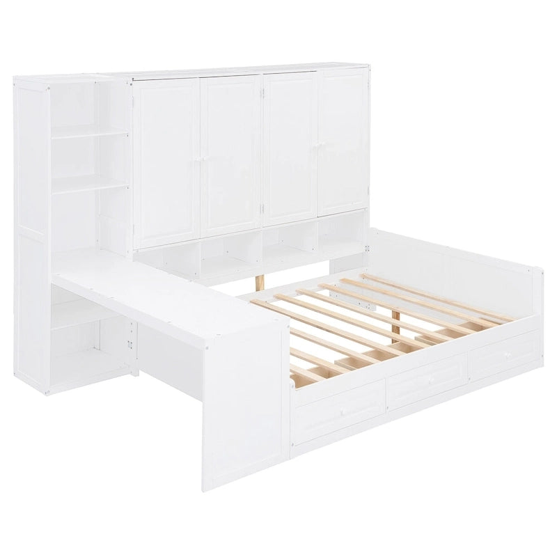 Lit de repos en bois avec étagère intégrée, lit capitaine avec armoire de rangement, penderie, bureau latéral et 3 tiroirs inférieurs