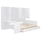 Lit de repos en bois avec étagère intégrée, lit capitaine avec armoire de rangement, penderie, bureau latéral et 3 tiroirs inférieurs