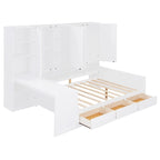 Lit de repos en bois avec étagère intégrée, lit capitaine avec armoire de rangement, penderie, bureau latéral et 3 tiroirs inférieurs