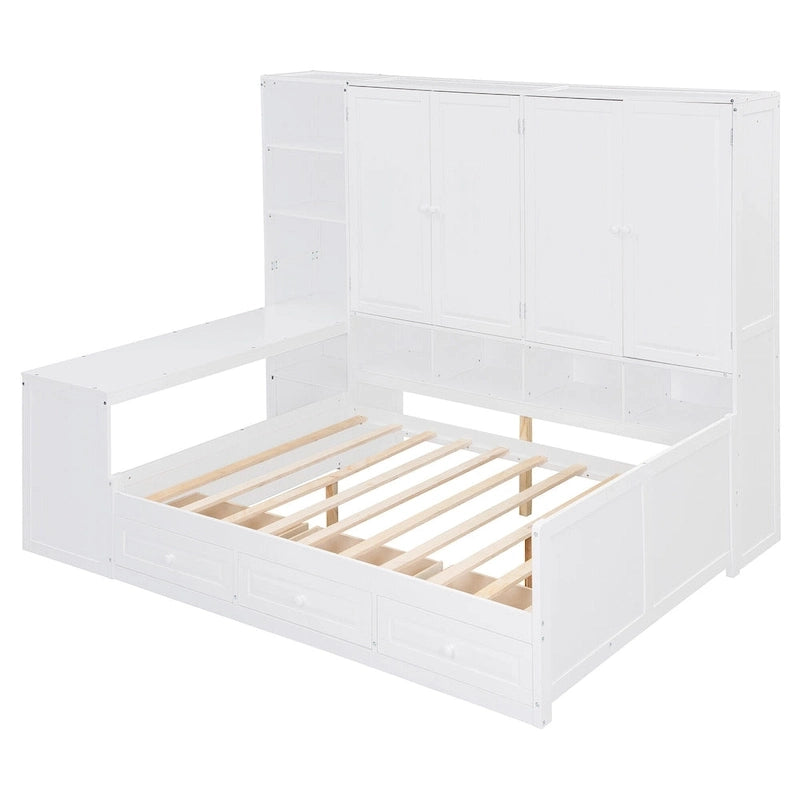Lit de repos en bois avec étagère intégrée, lit capitaine avec armoire de rangement, penderie, bureau latéral et 3 tiroirs inférieurs