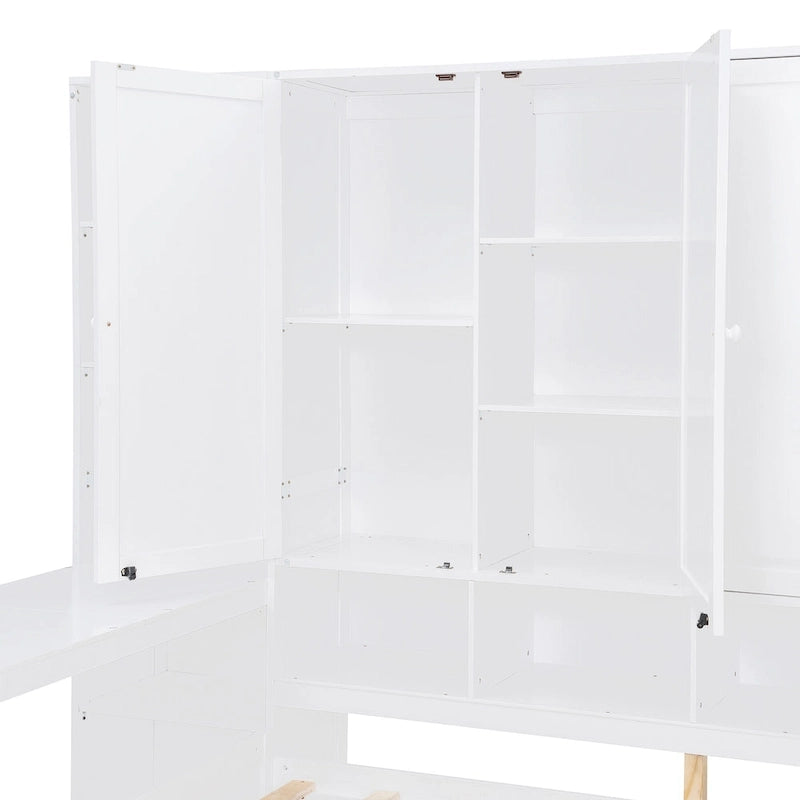Lit de repos en bois avec étagère intégrée, lit capitaine avec armoire de rangement, penderie, bureau latéral et 3 tiroirs inférieurs