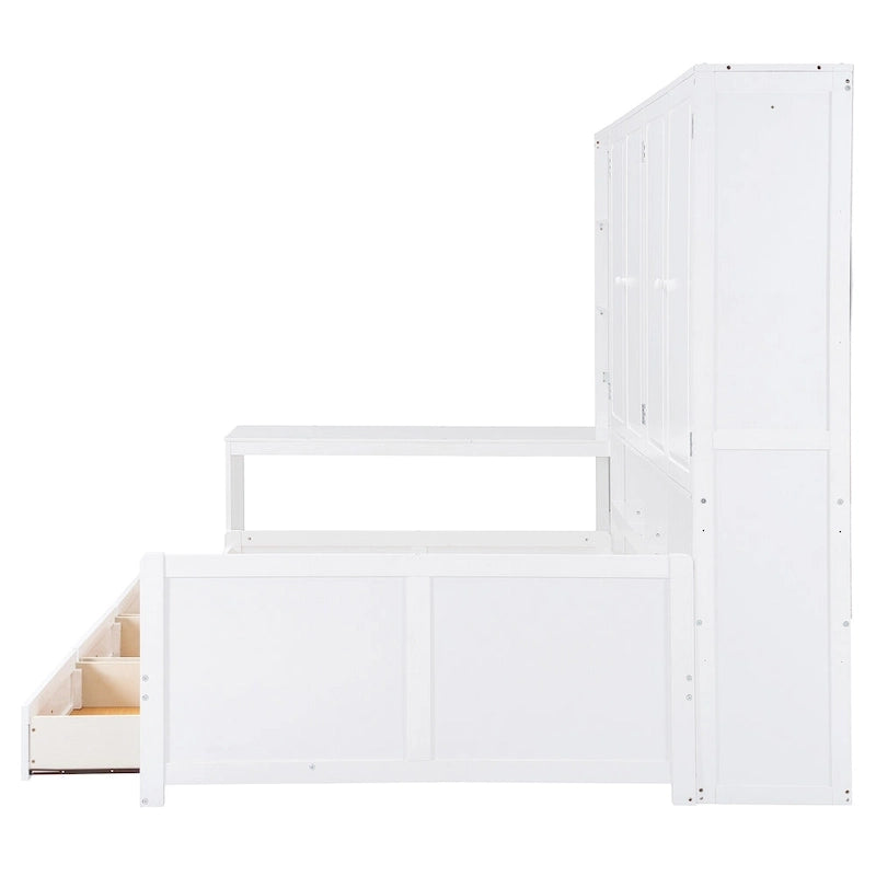 Lit de repos en bois avec étagère intégrée, lit capitaine avec armoire de rangement, penderie, bureau latéral et 3 tiroirs inférieurs