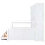 Lit de repos en bois avec étagère intégrée, lit capitaine avec armoire de rangement, penderie, bureau latéral et 3 tiroirs inférieurs