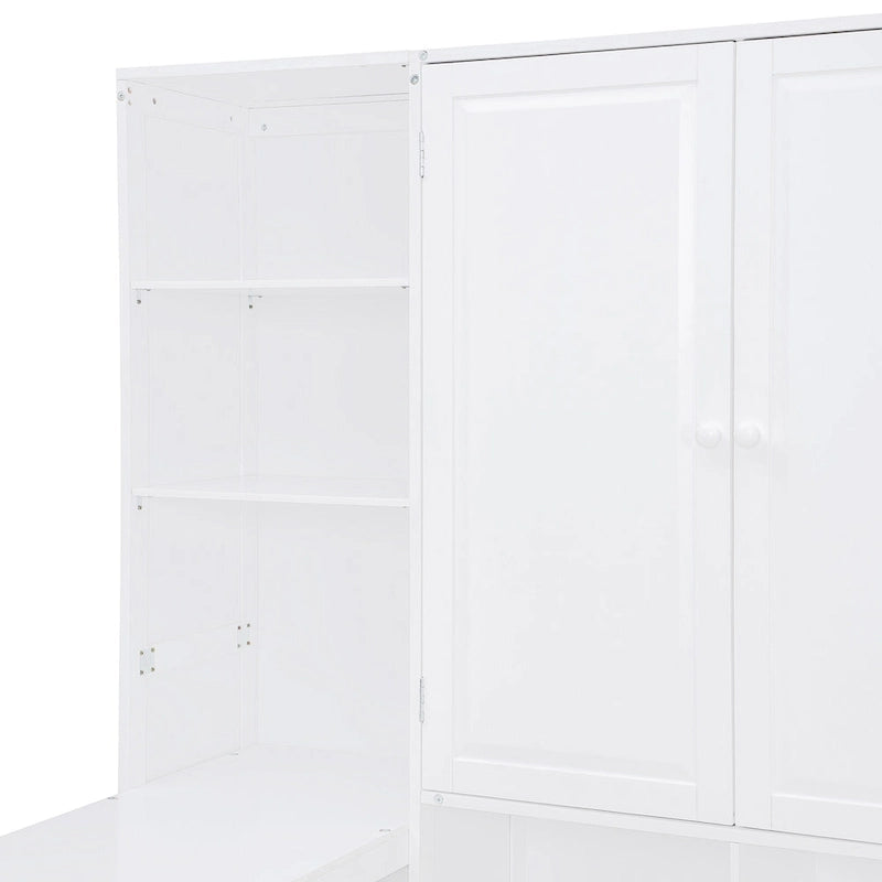 Lit de repos en bois avec étagère intégrée, lit capitaine avec armoire de rangement, penderie, bureau latéral et 3 tiroirs inférieurs