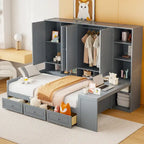 Lit de repos en bois avec étagère intégrée, lit capitaine avec armoire de rangement, penderie, bureau latéral et 3 tiroirs inférieurs
