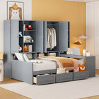 Lit de repos en bois avec étagère intégrée, lit capitaine avec armoire de rangement, penderie, bureau latéral et 3 tiroirs inférieurs