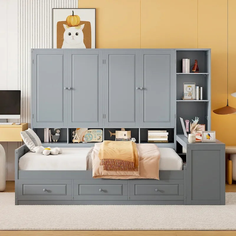 Lit de repos en bois avec étagère intégrée, lit capitaine avec armoire de rangement, penderie, bureau latéral et 3 tiroirs inférieurs