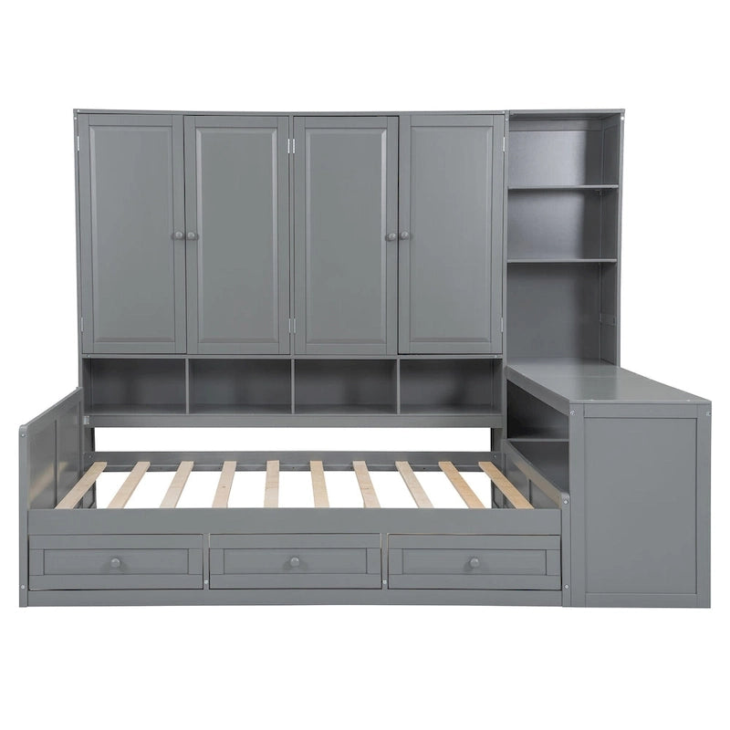 Lit de repos en bois avec étagère intégrée, lit capitaine avec armoire de rangement, penderie, bureau latéral et 3 tiroirs inférieurs