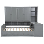 Lit de repos en bois avec étagère intégrée, lit capitaine avec armoire de rangement, penderie, bureau latéral et 3 tiroirs inférieurs