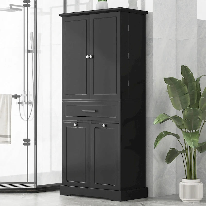 Meuble de salle de bain autoportant polyvalent avec multiples compartiments et design élégant