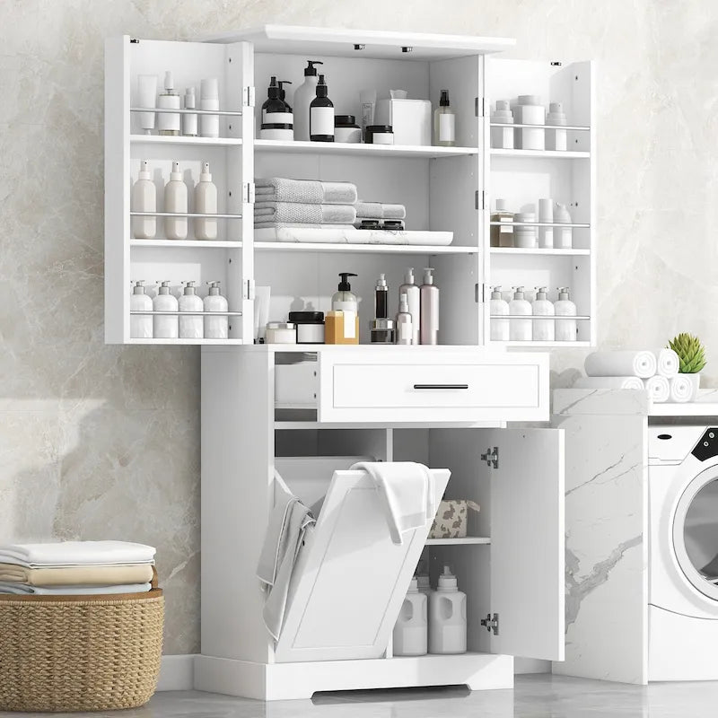 Meuble de salle de bain autoportant polyvalent avec multiples compartiments et design élégant