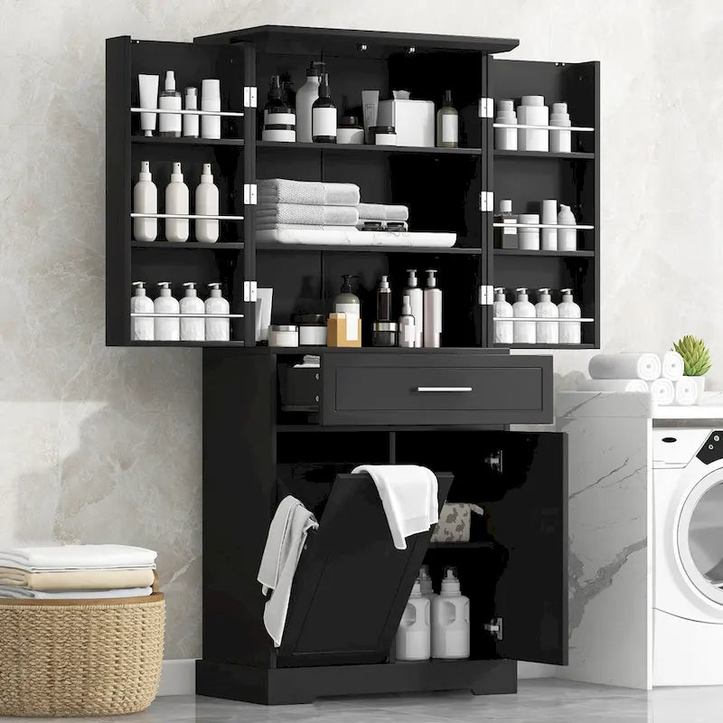 Meuble de salle de bain autoportant polyvalent avec multiples compartiments et design élégant