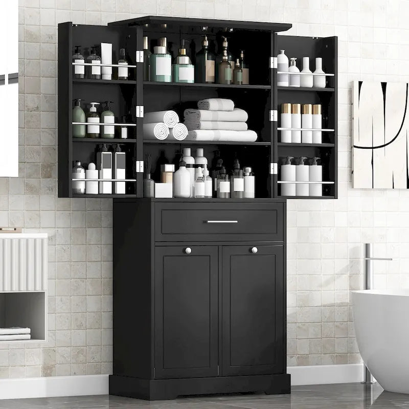 Meuble de salle de bain autoportant polyvalent avec multiples compartiments et design élégant