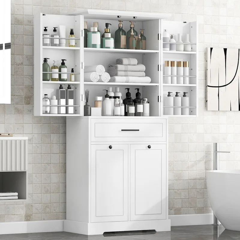 Meuble de salle de bain autoportant polyvalent avec multiples compartiments et design élégant