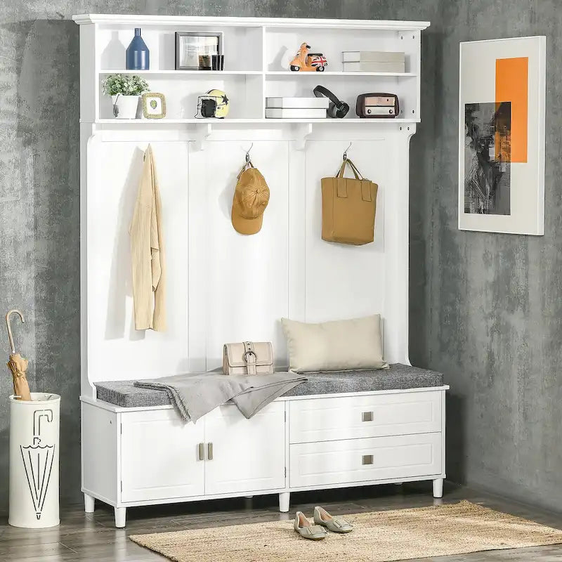 Porte-manteau de style moderne avec rangement, porte-vêtements autoportant avec banc de rangement, armoire de rangement et tiroirs