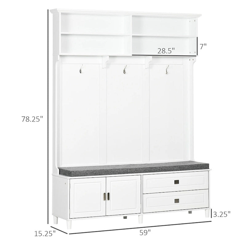 Porte-manteau de style moderne avec rangement, porte-vêtements autoportant avec banc de rangement, armoire de rangement et tiroirs