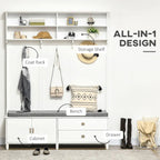 Porte-manteau de style moderne avec rangement, porte-vêtements autoportant avec banc de rangement, armoire de rangement et tiroirs