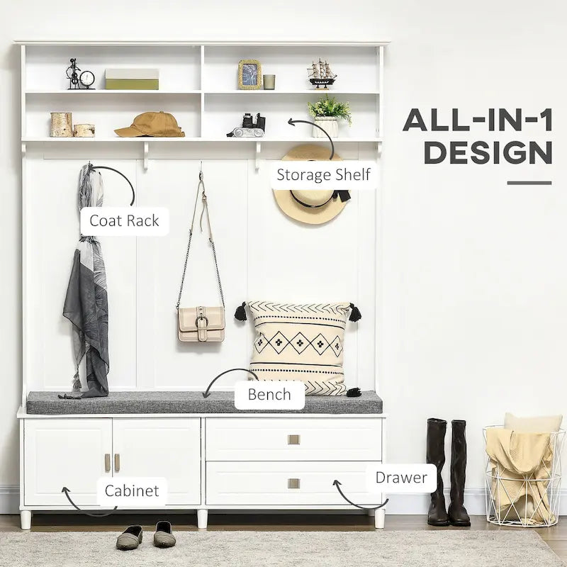 Porte-manteau de style moderne avec rangement, porte-vêtements autoportant avec banc de rangement, armoire de rangement et tiroirs