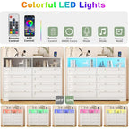 Commode Moderne en Bois à 8 Tiroirs, Commode de Chambre avec Station de Recharge et Lumières LED