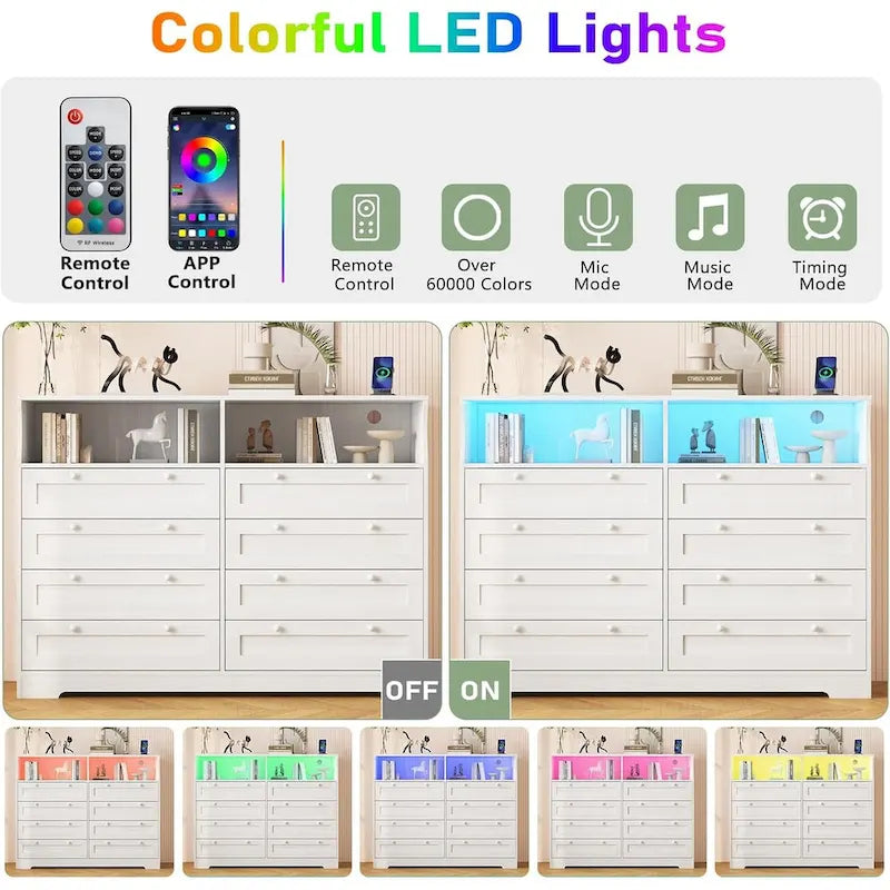 Commode Moderne en Bois à 8 Tiroirs, Commode de Chambre avec Station de Recharge et Lumières LED