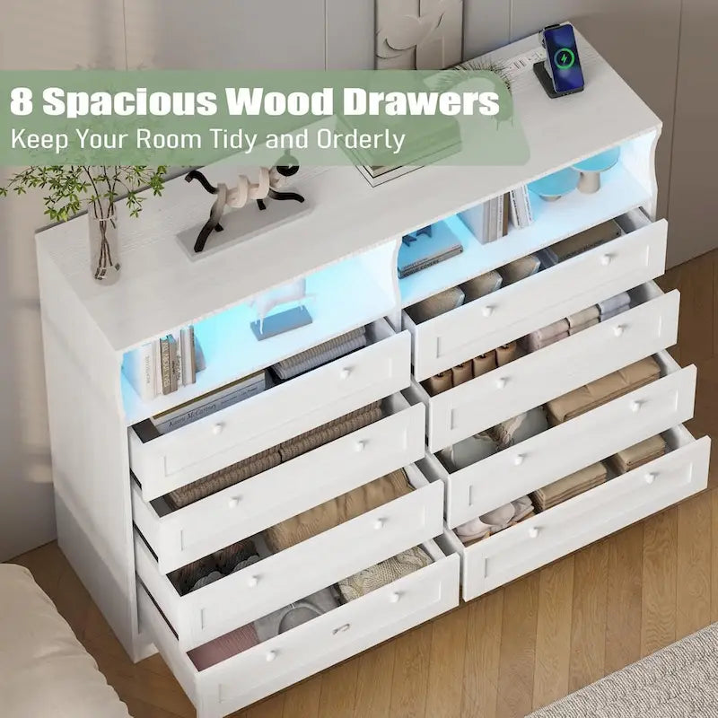 Commode Moderne en Bois à 8 Tiroirs, Commode de Chambre avec Station de Recharge et Lumières LED
