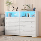 Commode Moderne en Bois à 8 Tiroirs, Commode de Chambre avec Station de Recharge et Lumières LED