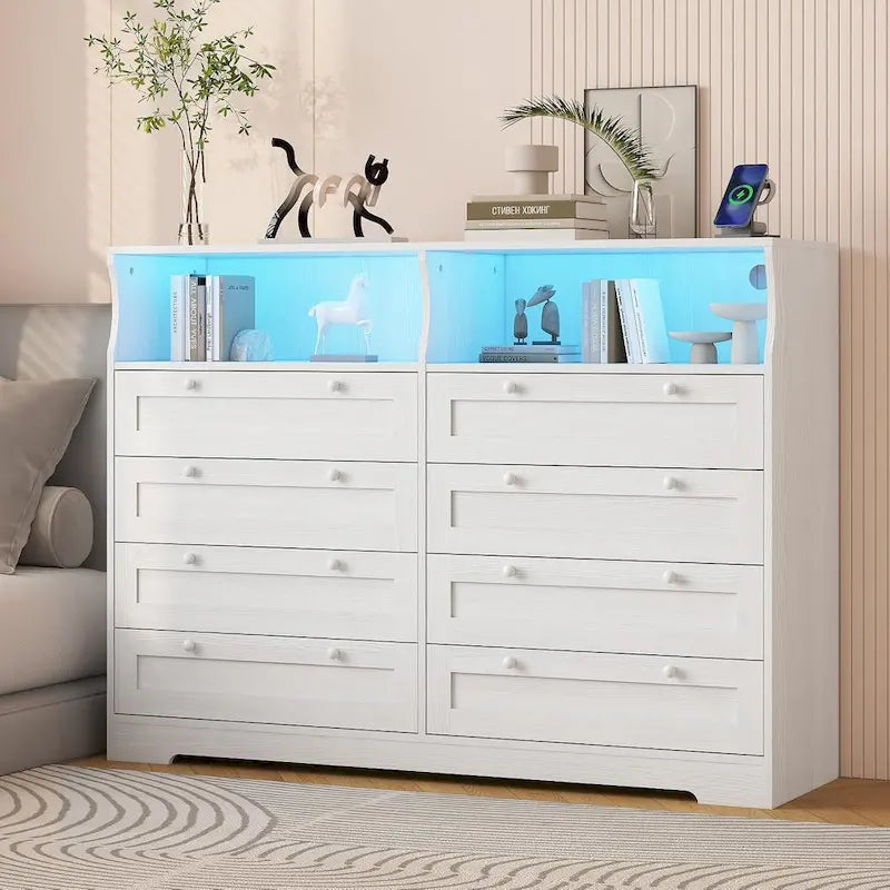 Commode Moderne en Bois à 8 Tiroirs, Commode de Chambre avec Station de Recharge et Lumières LED