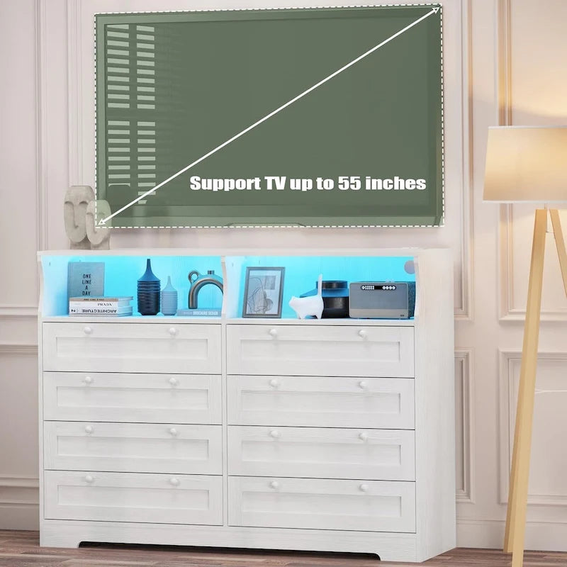 Commode Moderne en Bois à 8 Tiroirs, Commode de Chambre avec Station de Recharge et Lumières LED