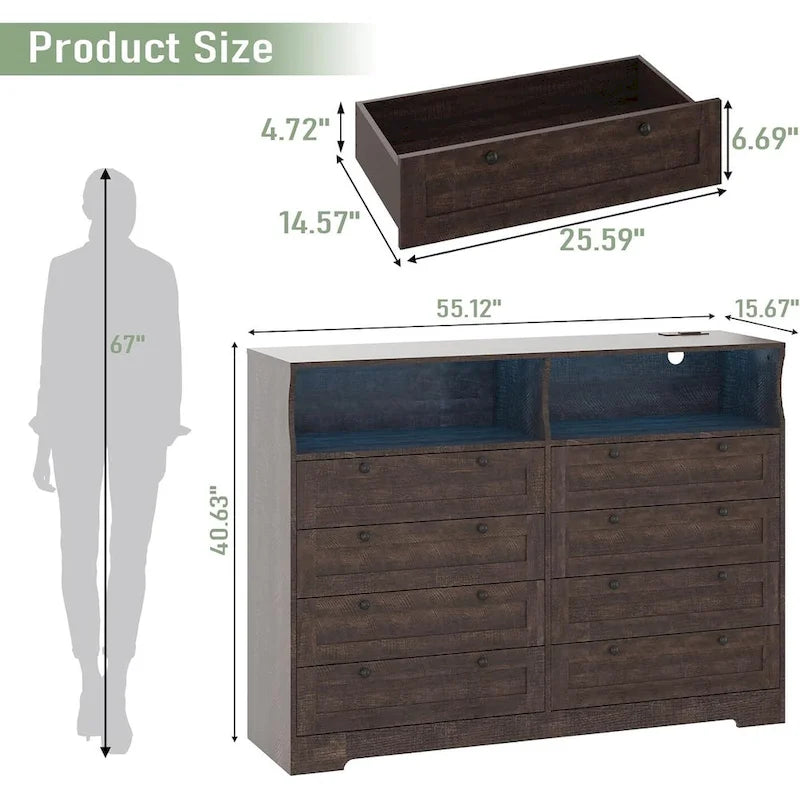 Commode Moderne en Bois à 8 Tiroirs, Commode de Chambre avec Station de Recharge et Lumières LED