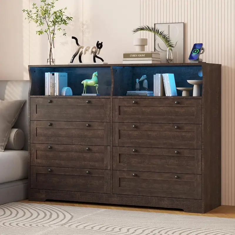 Commode Moderne en Bois à 8 Tiroirs, Commode de Chambre avec Station de Recharge et Lumières LED