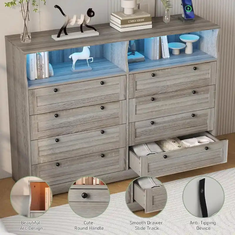 Commode Moderne en Bois à 8 Tiroirs, Commode de Chambre avec Station de Recharge et Lumières LED