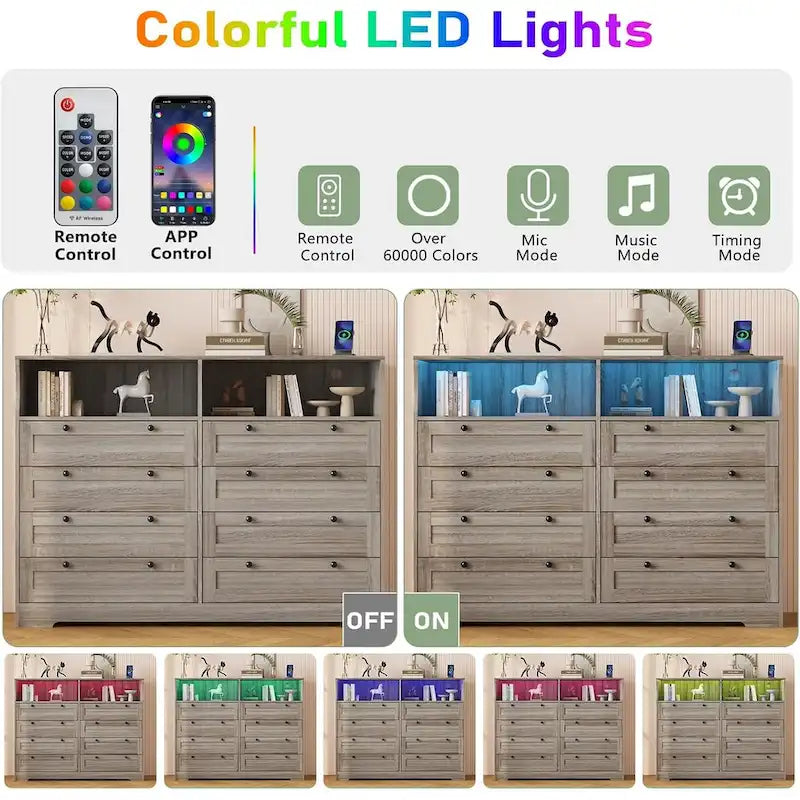 Commode Moderne en Bois à 8 Tiroirs, Commode de Chambre avec Station de Recharge et Lumières LED