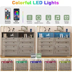 Commode Moderne en Bois à 8 Tiroirs, Commode de Chambre avec Station de Recharge et Lumières LED