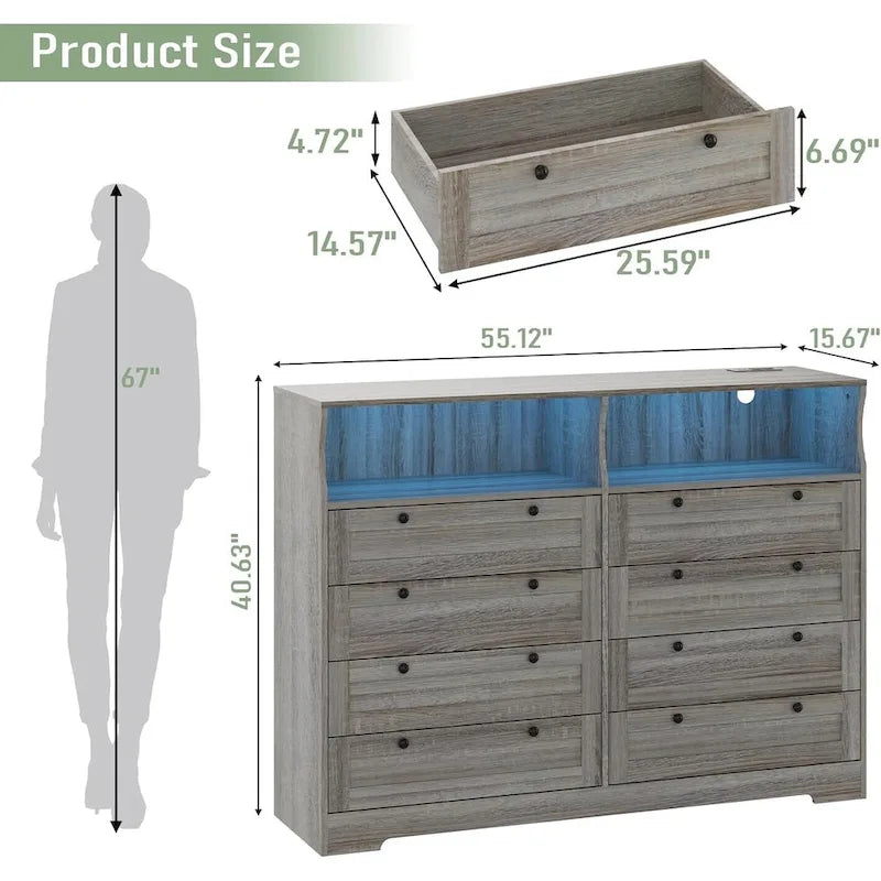 Commode Moderne en Bois à 8 Tiroirs, Commode de Chambre avec Station de Recharge et Lumières LED