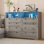 Commode Moderne en Bois à 8 Tiroirs, Commode de Chambre avec Station de Recharge et Lumières LED