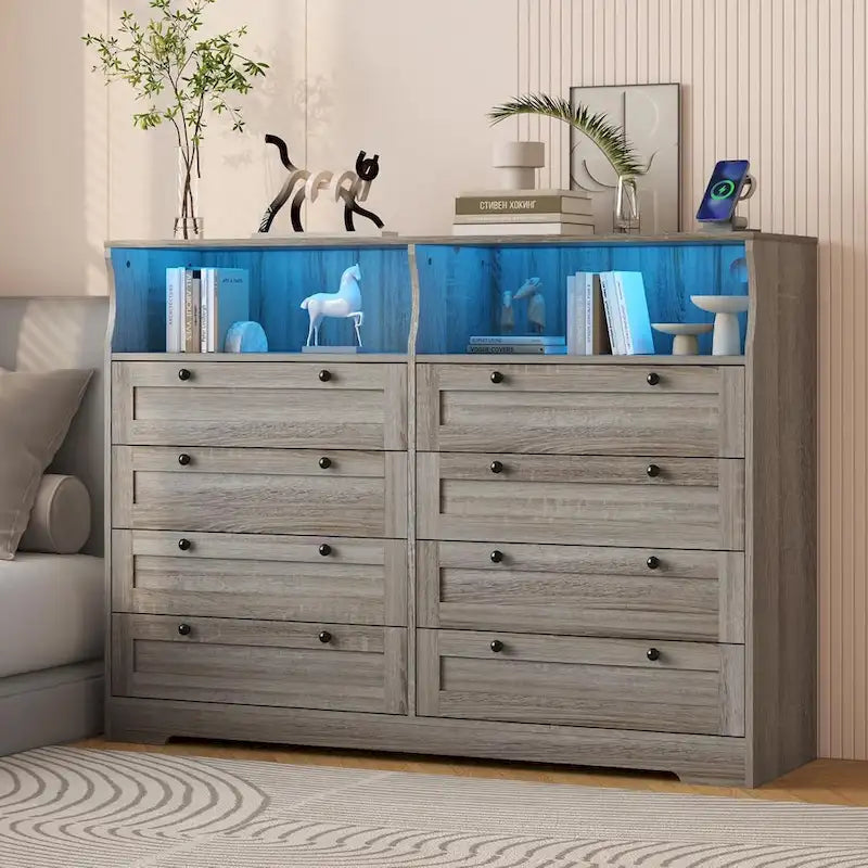 Commode Moderne en Bois à 8 Tiroirs, Commode de Chambre avec Station de Recharge et Lumières LED