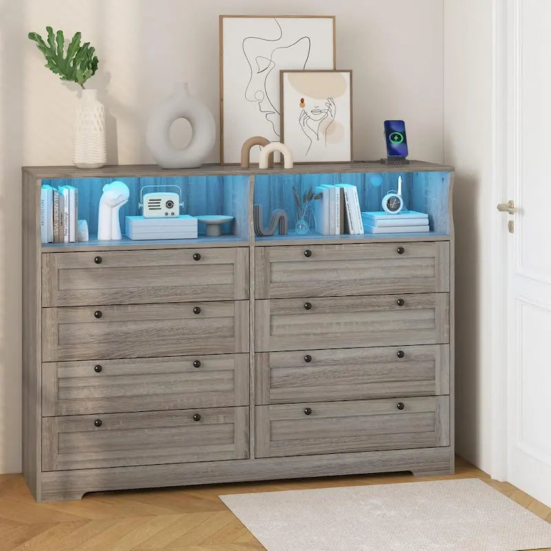 Commode Moderne en Bois à 8 Tiroirs, Commode de Chambre avec Station de Recharge et Lumières LED