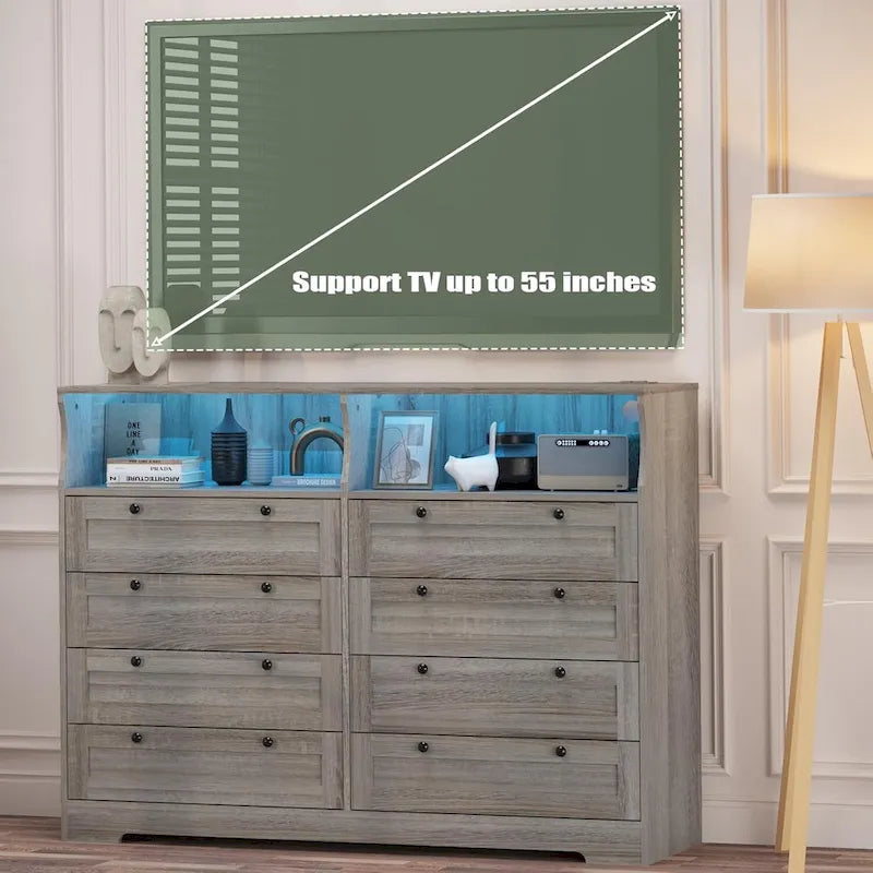 Commode Moderne en Bois à 8 Tiroirs, Commode de Chambre avec Station de Recharge et Lumières LED