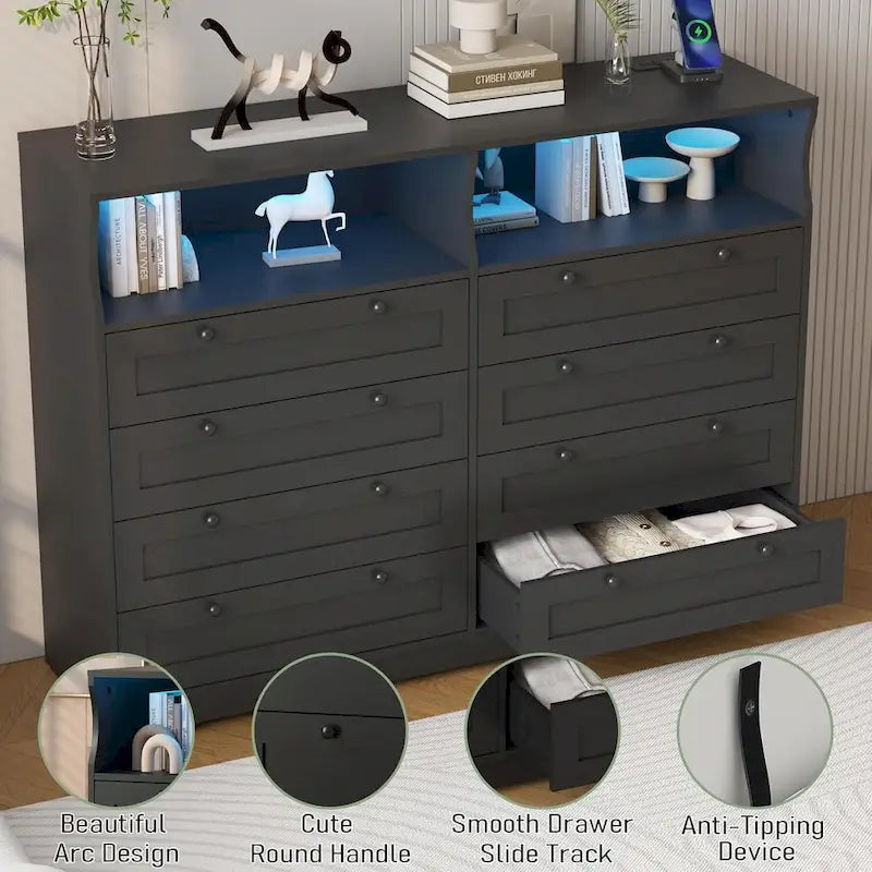Commode Moderne en Bois à 8 Tiroirs, Commode de Chambre avec Station de Recharge et Lumières LED