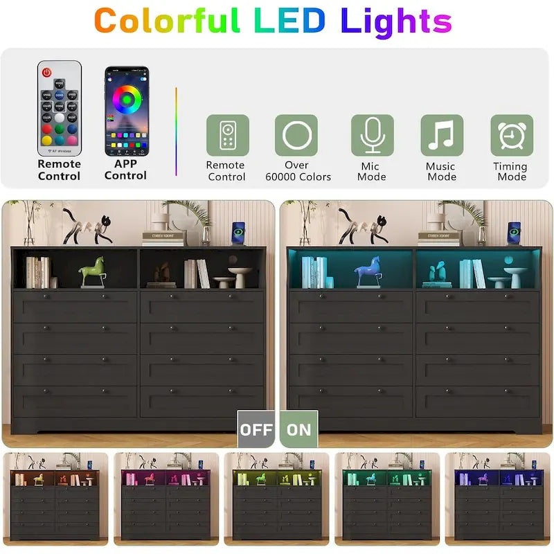 Commode Moderne en Bois à 8 Tiroirs, Commode de Chambre avec Station de Recharge et Lumières LED