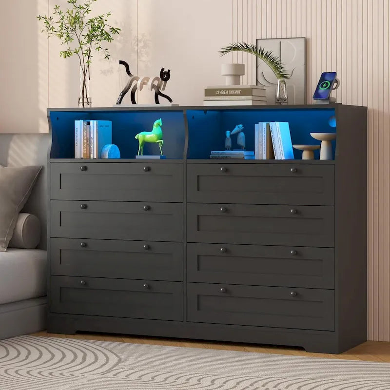 Commode Moderne en Bois à 8 Tiroirs, Commode de Chambre avec Station de Recharge et Lumières LED