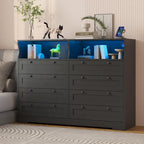 Commode Moderne en Bois à 8 Tiroirs, Commode de Chambre avec Station de Recharge et Lumières LED