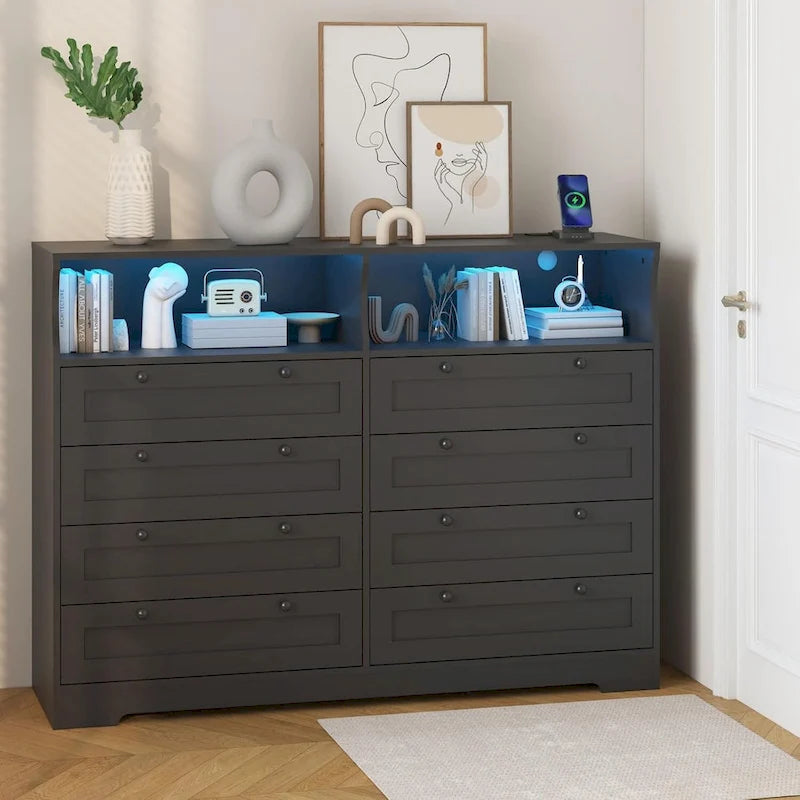 Commode Moderne en Bois à 8 Tiroirs, Commode de Chambre avec Station de Recharge et Lumières LED