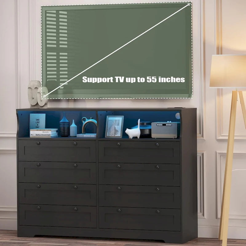 Commode Moderne en Bois à 8 Tiroirs, Commode de Chambre avec Station de Recharge et Lumières LED
